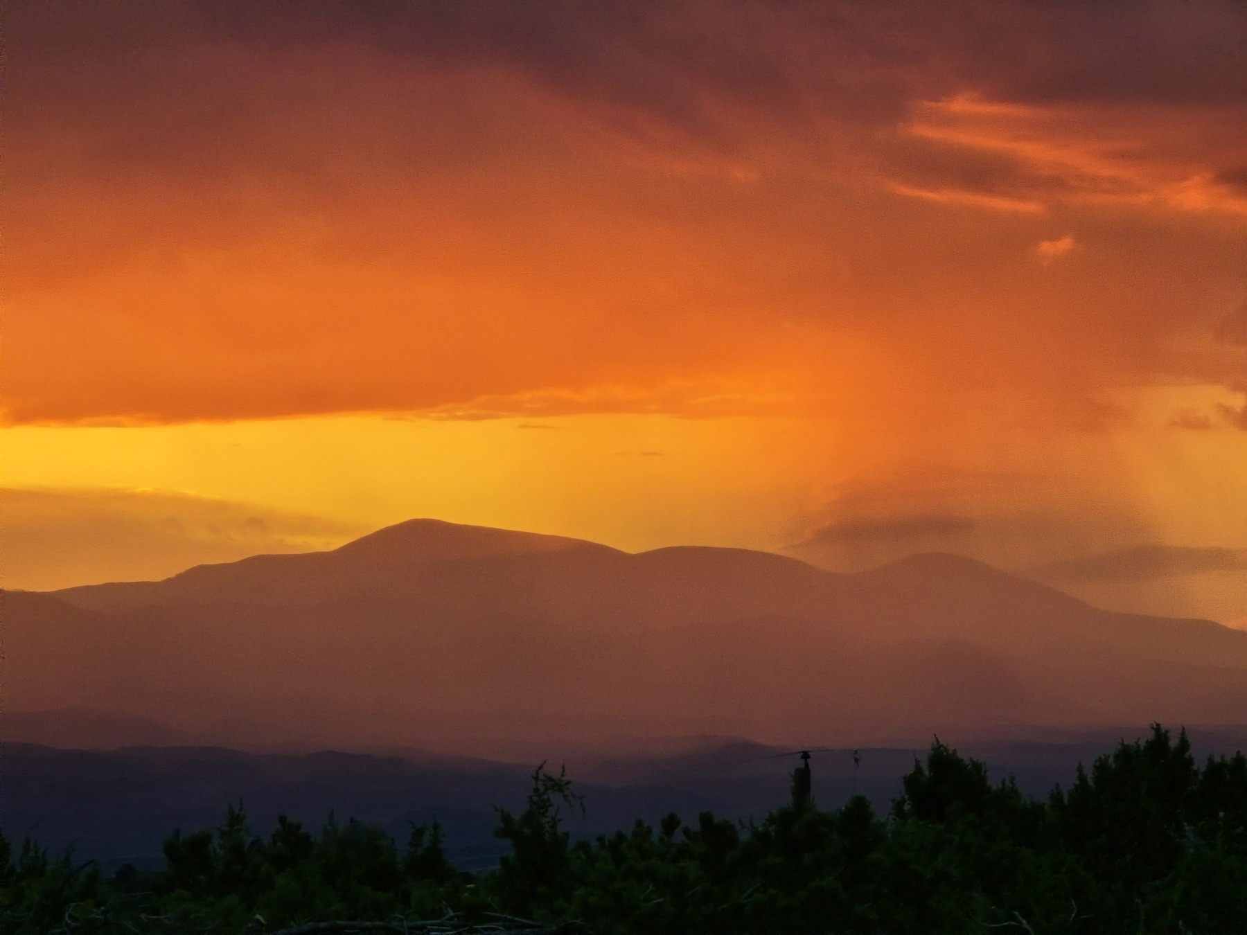 A vivid orange and purple sunset sky illuminates layered mountain ridges above dark green foreground shrubs.