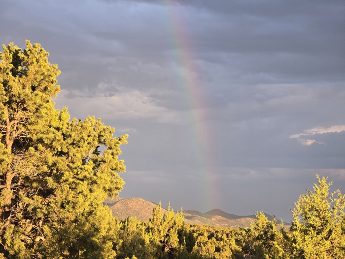 A vertical rainbow descends into golden-lit desert hills and juniper trees beneath heavy storm clouds.