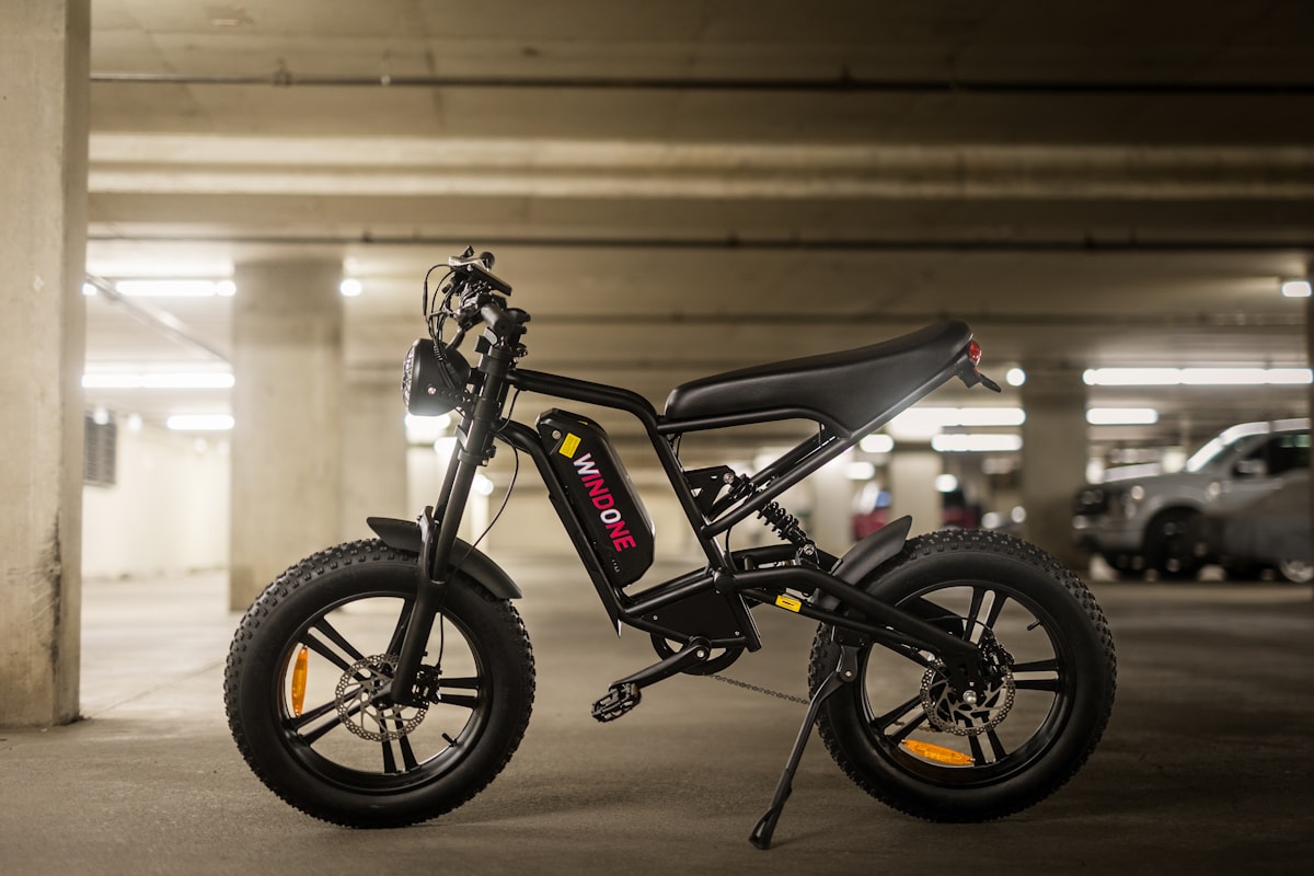 Electric motorcycle parked in a garage